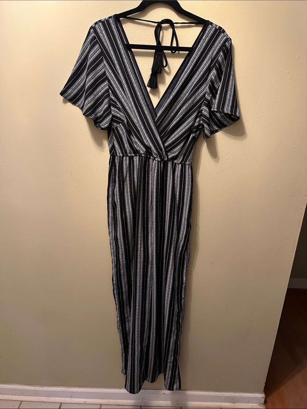 Xhilaration Black and White Striped V-Neck Jumpsuit